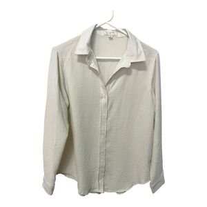 *No Comment Small White Button Down Shirt Long Sleeve‎ Crinkle Texture Top